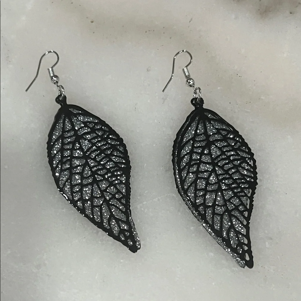 Chic Black and Silver Leaf Earrings